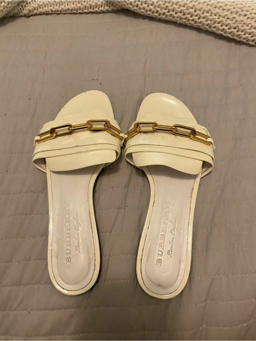 Burberry Cream Slide Sandals with Gold Chain Trim